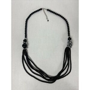 Multi Strand Black Beaded Necklace Rhinestone Station‎ Costume Fashion Jewelry